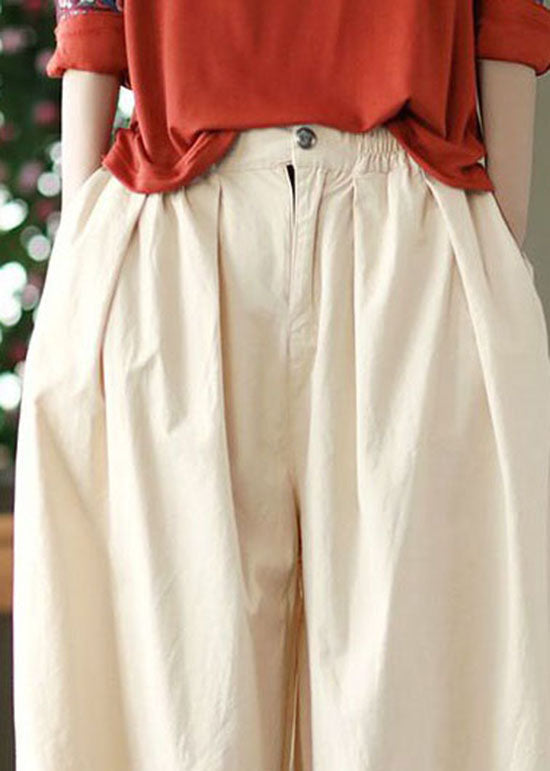 Beige Pockets Wrinkled Patchwork Linen Crop Pants Summer Ly0621