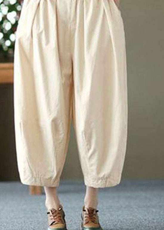 Beige Pockets Wrinkled Patchwork Linen Crop Pants Summer Ly0621