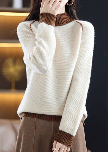 Beige Turtleneck Cozy Patchwork Wool Knit Sweaters Fall Qi047