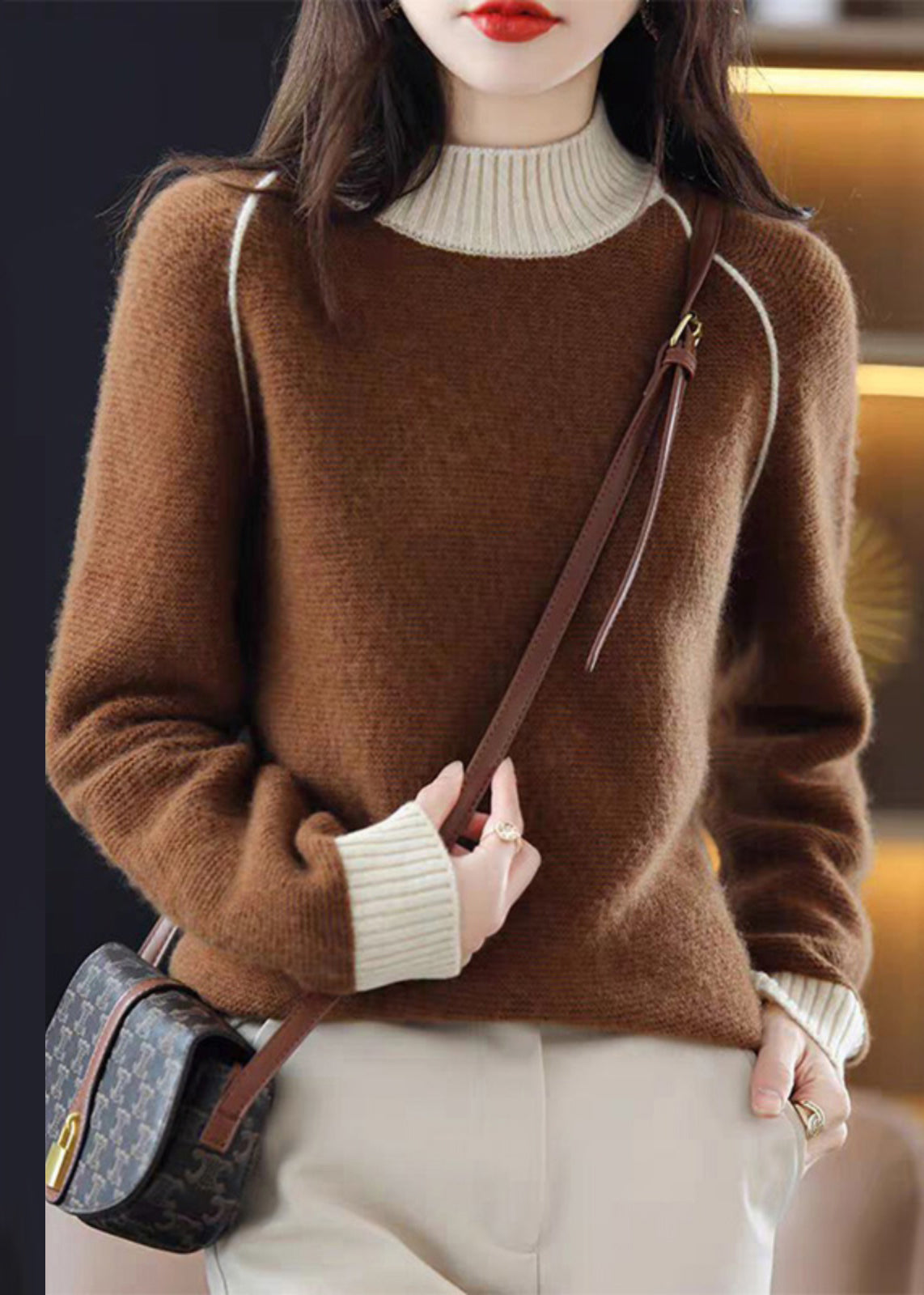 Brown Turtleneck Cozy Patchwork Wool Knit Sweaters Qi042