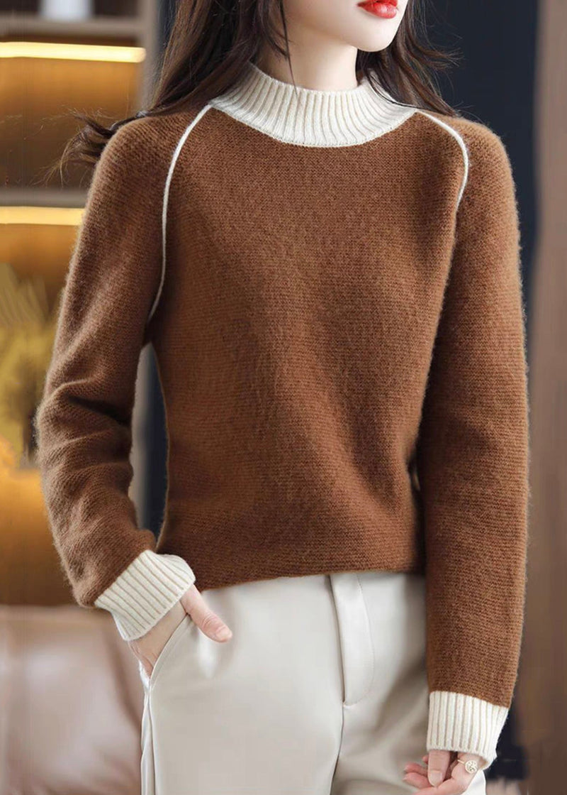 Beige Turtleneck Cozy Patchwork Wool Knit Sweaters Fall Qi047