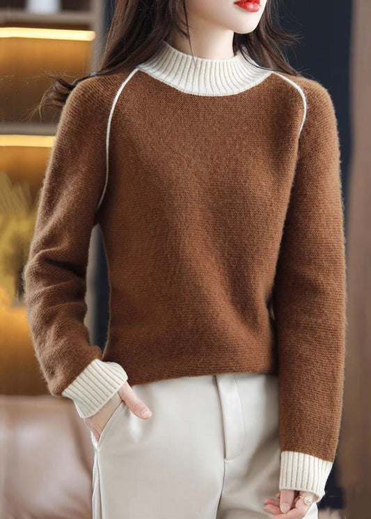 Brown Turtleneck Cozy Patchwork Wool Knit Sweaters Qi042
