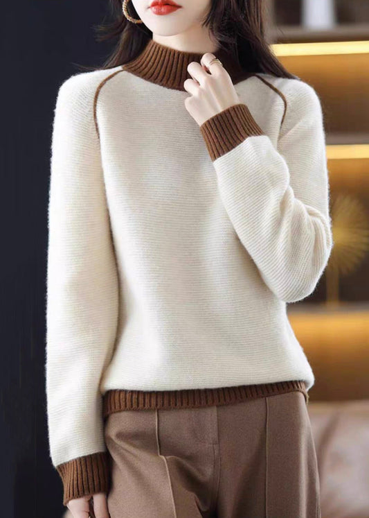 Beige Turtleneck Cozy Patchwork Wool Knit Sweaters Fall Qi047