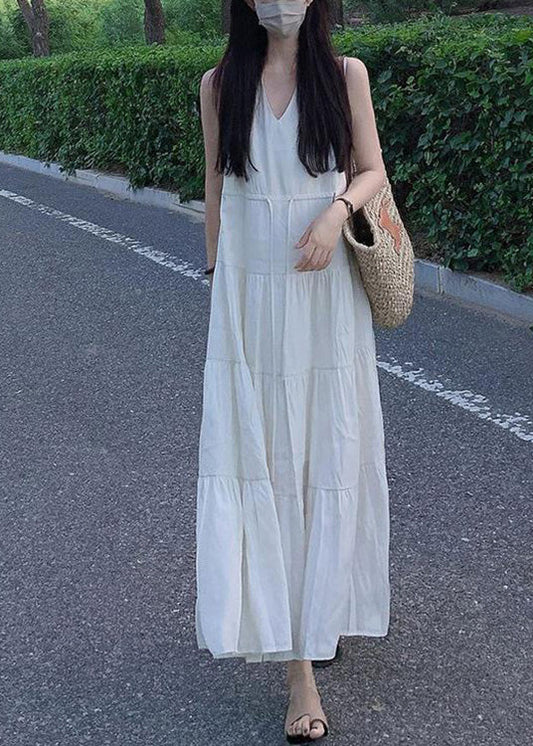 Beige V Neck Patchwork Vacation Chiffon Long Dresses Summer Lc0063