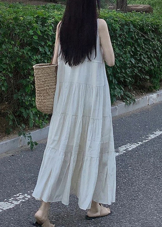 Beige V Neck Patchwork Vacation Chiffon Long Dresses Summer Lc0063