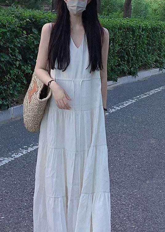 Beige V Neck Patchwork Vacation Chiffon Long Dresses Summer Lc0063