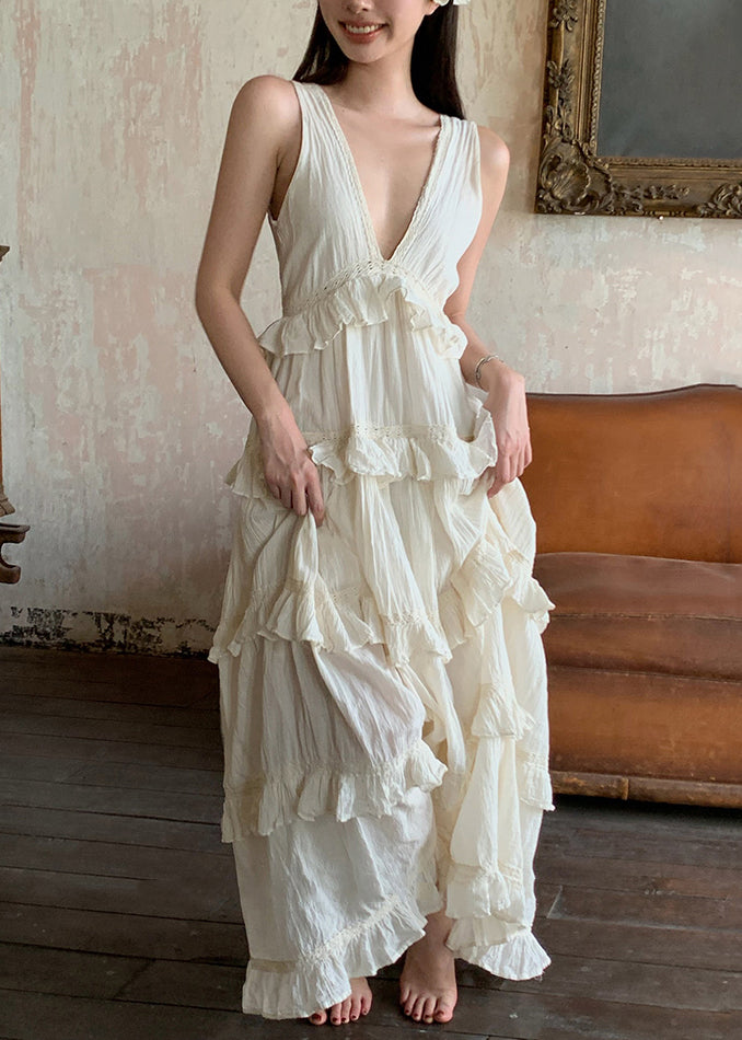 Beige V Neck Ruffled Cotton Long Dresses Summer Zl011