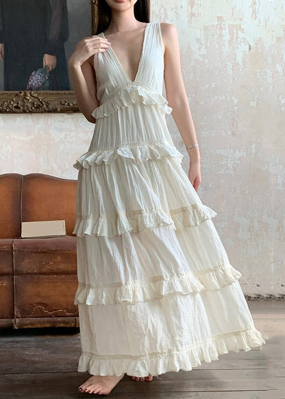 Beige V Neck Ruffled Cotton Long Dresses Summer Zl011