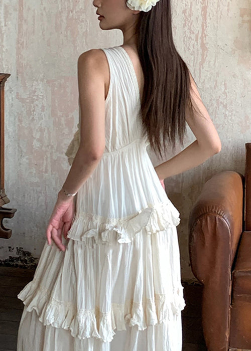 Beige V Neck Ruffled Cotton Long Dresses Summer Zl011