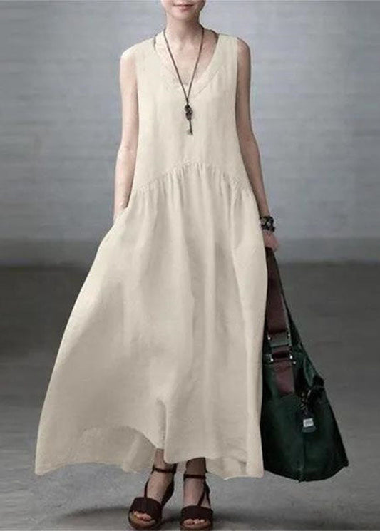 Beige V Neck Wrinkled Patchwork Cotton Mini Dress Sleeveless Lc0457