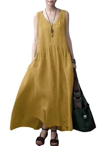 Beige V Neck Wrinkled Patchwork Cotton Mini Dress Sleeveless Lc0457
