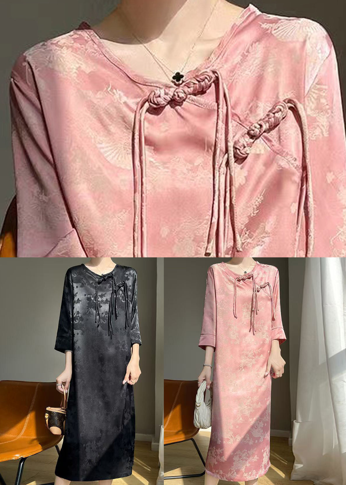 Pink Print Silk Long Dresses O Neck Bracelet Sleeve Ab1033
