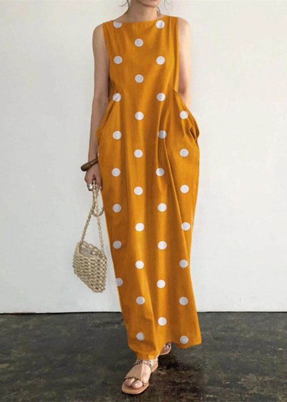 Black Dot Print Pockets Long Dresses Sleeveless Vb1053