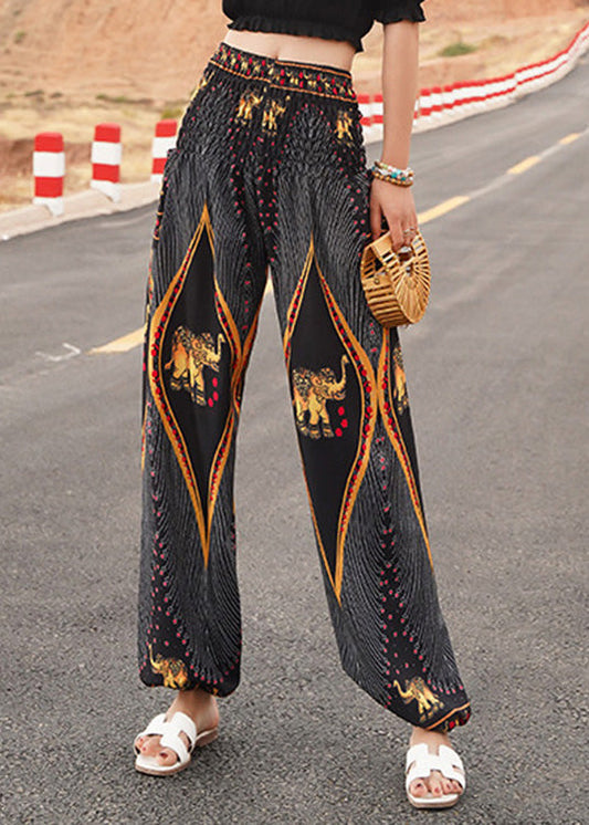 Black Elastic Waist Print Lantern Pants Summer Ly0200