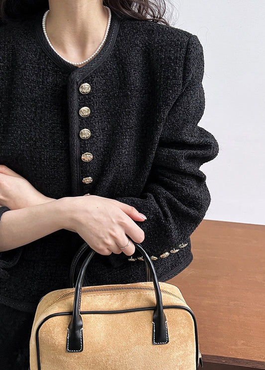 Black O-neck Button Woolen Coat Long Sleeve Qe061