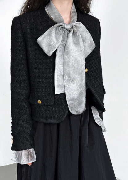 Black O-neck Button Woolen Coat Long Sleeve Qe061