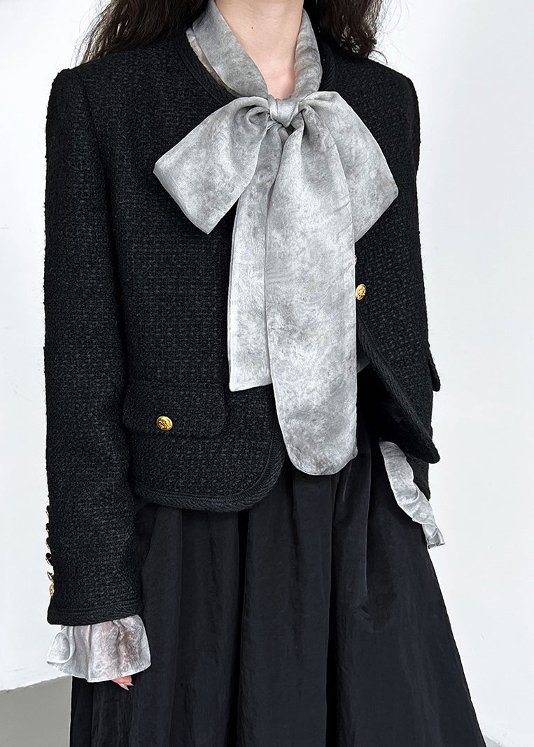 Black O-neck Button Woolen Coat Long Sleeve Qe061