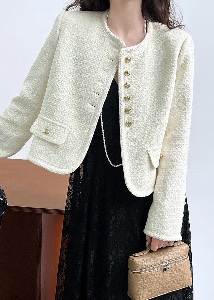 Black O-neck Button Woolen Coat Long Sleeve Qe061
