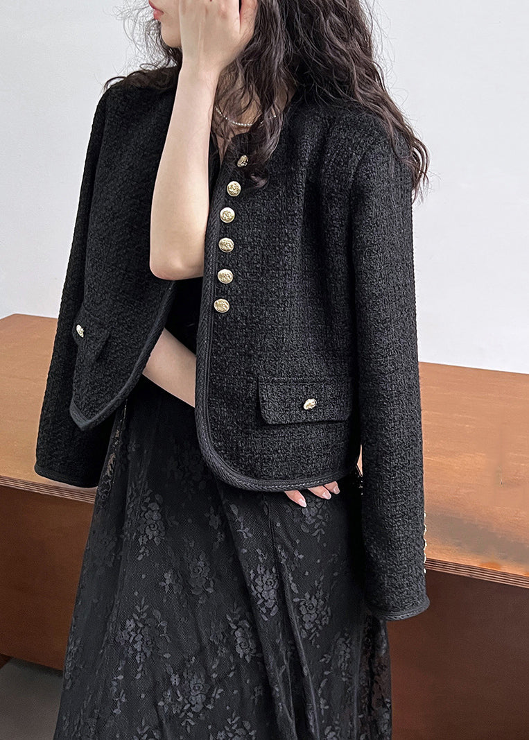 Black O-neck Button Woolen Coat Long Sleeve Qe061