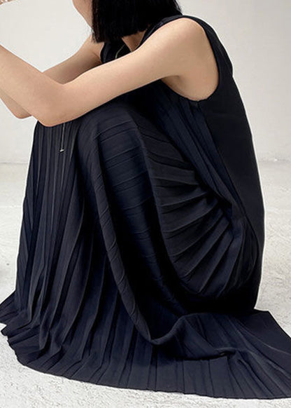Black O-neck Wrinkled Chiffon Long Dress Summer Uu1003