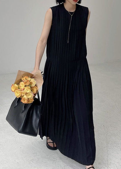 Black O-neck Wrinkled Chiffon Long Dress Summer Uu1003