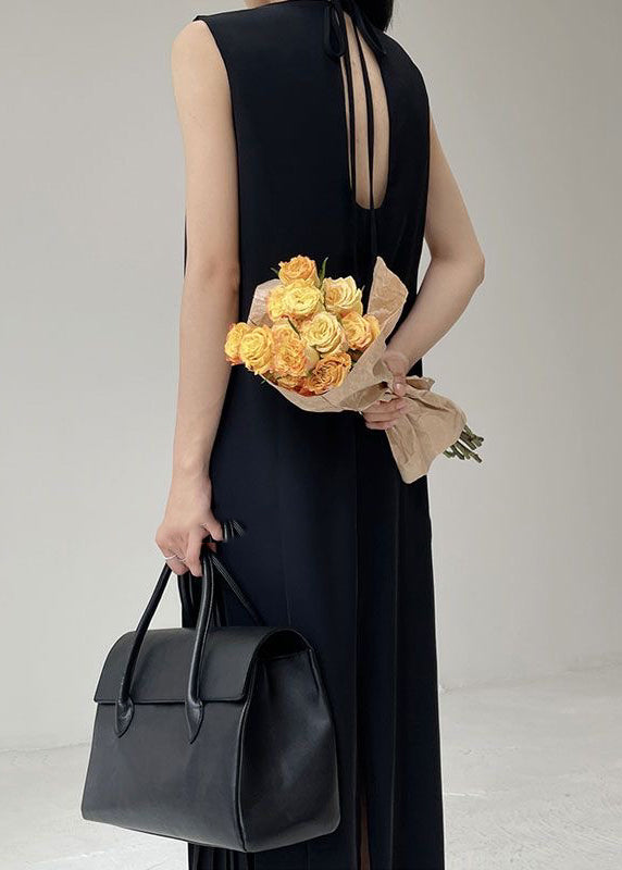 Black O-neck Wrinkled Chiffon Long Dress Summer Uu1003