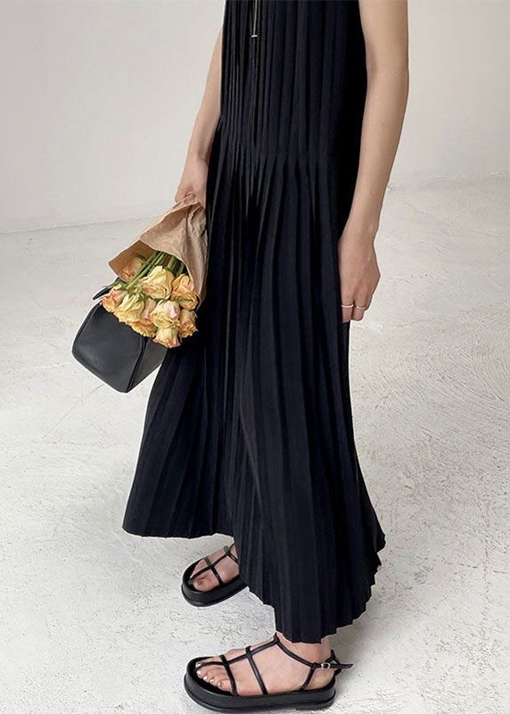 Black O-neck Wrinkled Chiffon Long Dress Summer Uu1003