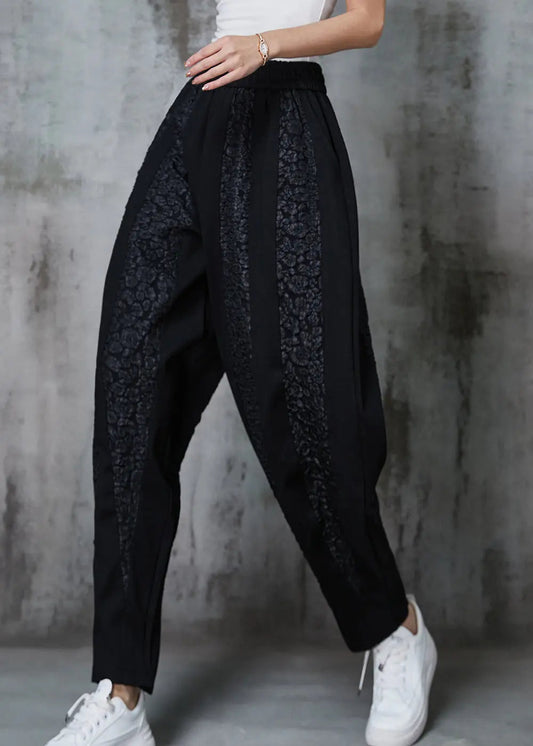 Black Oversized Patchwork Jacquard Cotton Pants Spring Jk1019