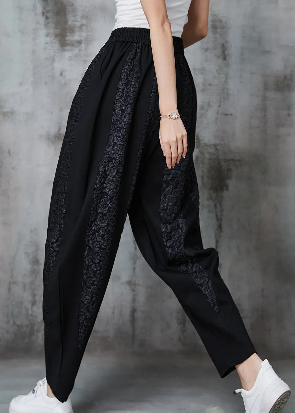 Black Oversized Patchwork Jacquard Cotton Pants Spring Jk1019