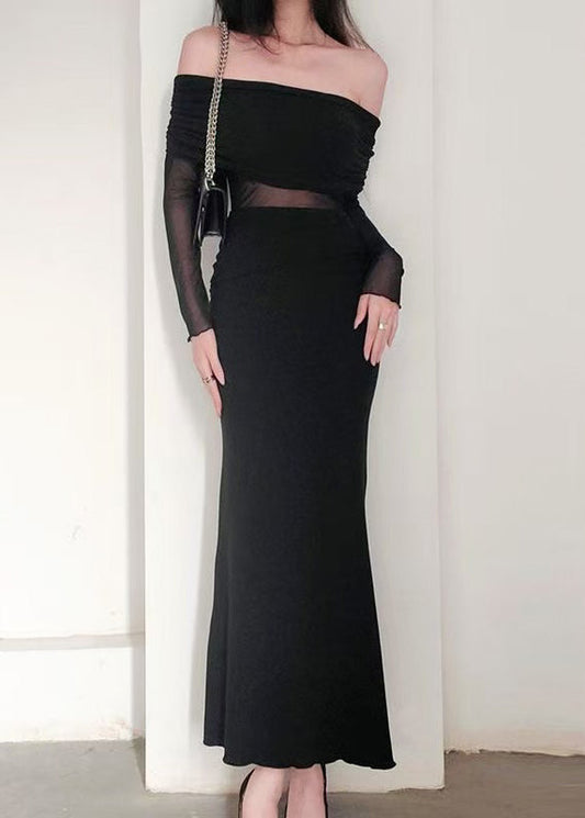 Black Slash Neck Tulle Patchwork Long Dress Spring Yt017