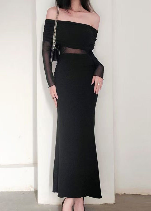 Black Slash Neck Tulle Patchwork Long Dress Spring Yt017