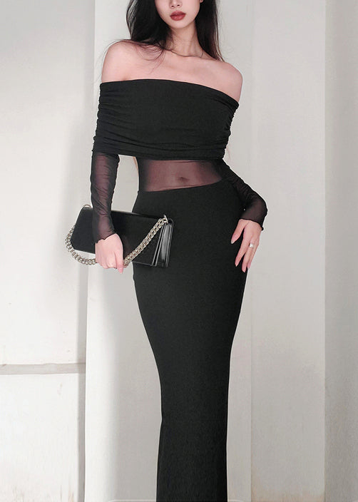 Black Slash Neck Tulle Patchwork Long Dress Spring Yt017