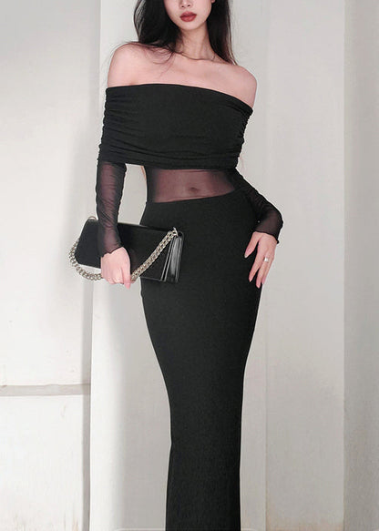 Black Slash Neck Tulle Patchwork Long Dress Spring Yt017