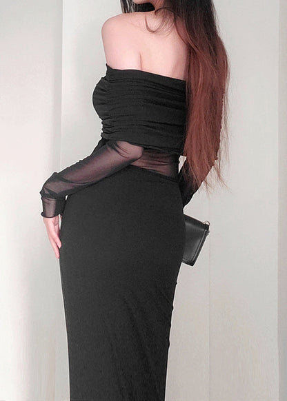 Black Slash Neck Tulle Patchwork Long Dress Spring Yt017