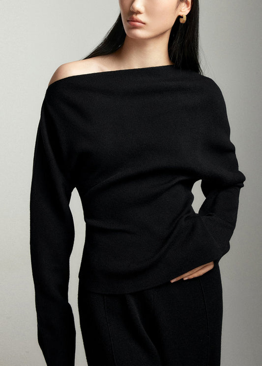 Black Slash Neck Woolen Sweaters Batwing Sleeve We001