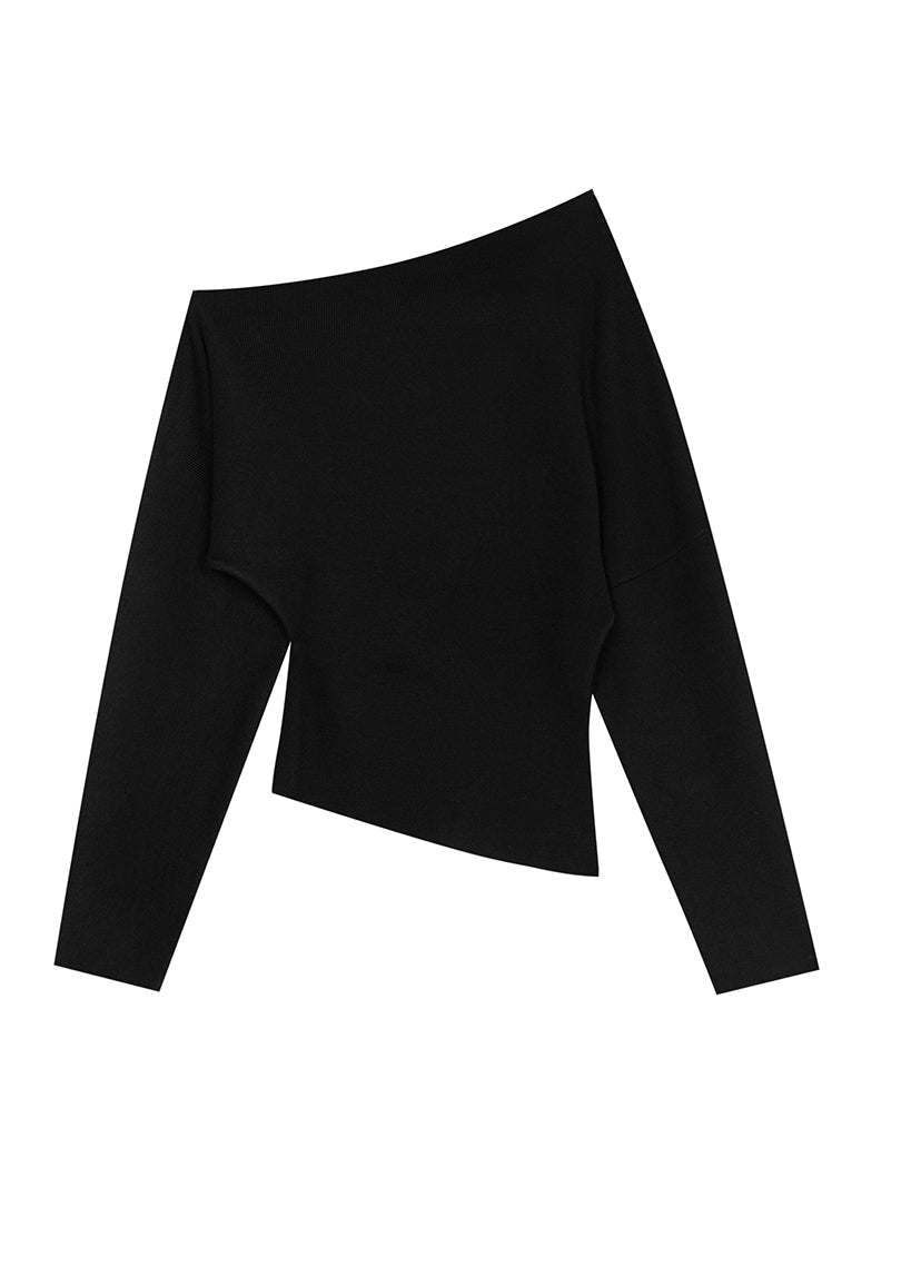 Black Slash Neck Woolen Sweaters Batwing Sleeve We001