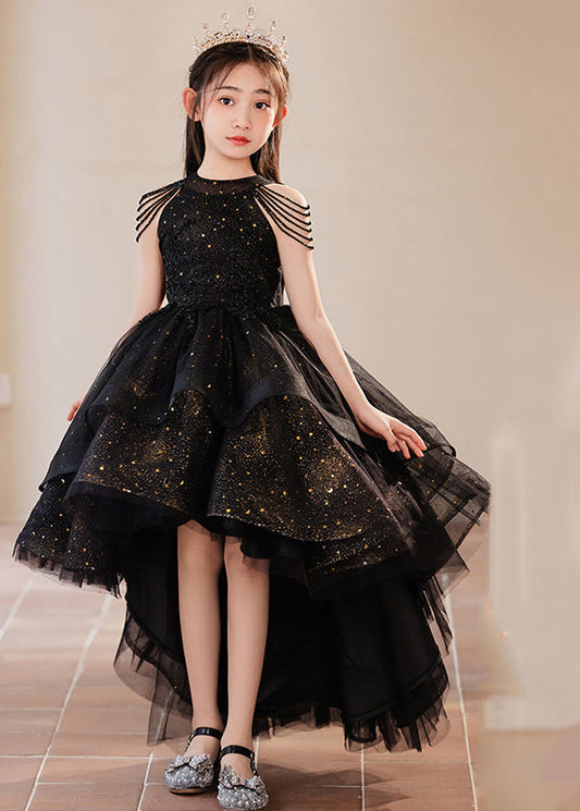 Black Turtleneck Dot Low High Design Tulle Maxi Dress Summer Ye006