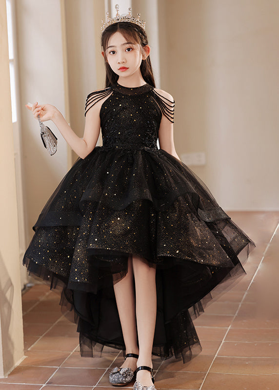 Black Turtleneck Dot Low High Design Tulle Maxi Dress Summer Ye006