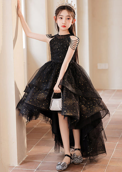 Black Turtleneck Dot Low High Design Tulle Maxi Dress Summer Ye006