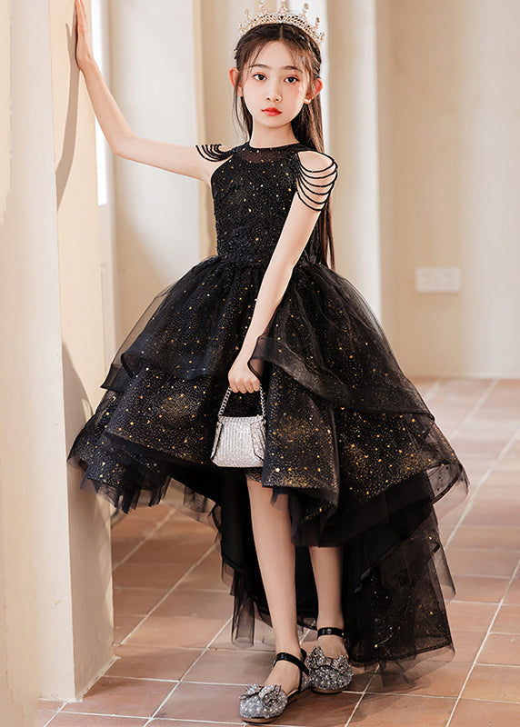 Black Turtleneck Dot Low High Design Tulle Maxi Dress Summer Ye006