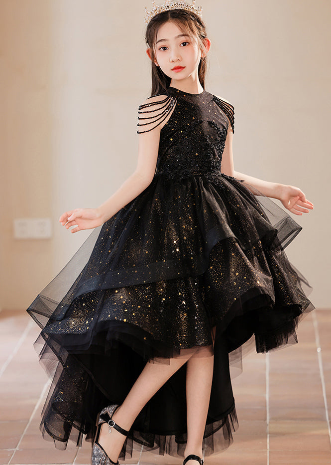 Black Turtleneck Dot Low High Design Tulle Maxi Dress Summer Ye006