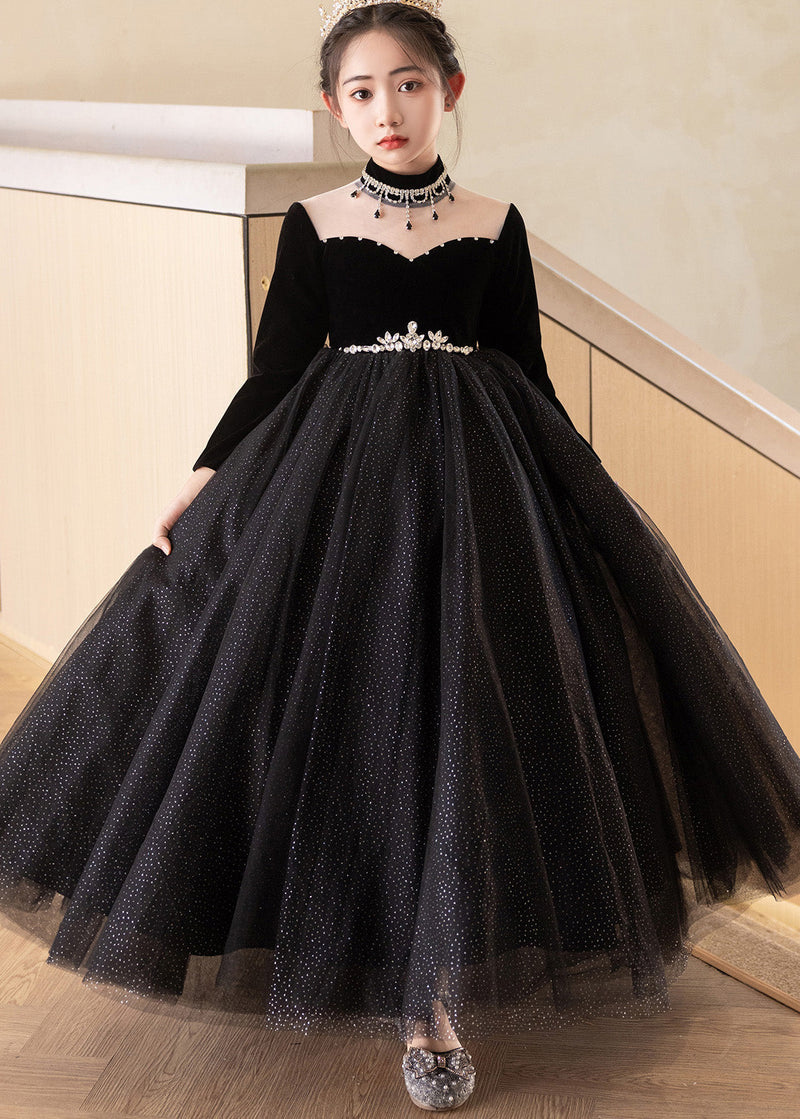 Black Turtleneck Silk Velour Patchwork Tulle Kids Maxi Dresses Fall Rp033
