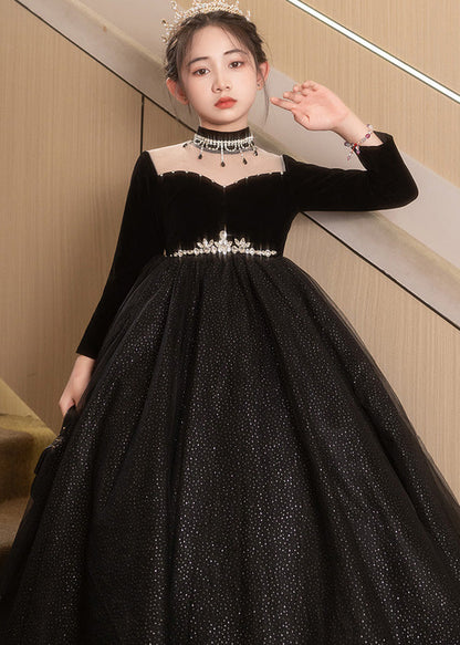 Black Turtleneck Silk Velour Patchwork Tulle Kids Maxi Dresses Fall Rp033