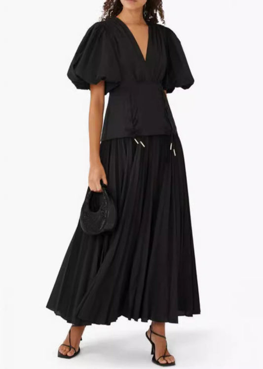 Black V Neck Lace Up Cotton Long Dresses Summer Au1011