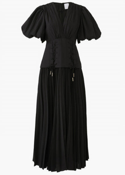 Black V Neck Lace Up Cotton Long Dresses Summer Au1011
