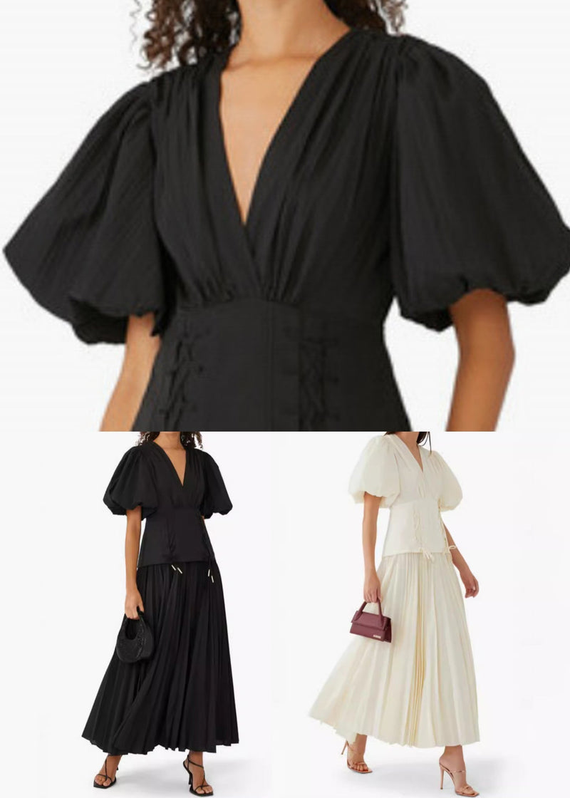 Black V Neck Lace Up Cotton Long Dresses Summer Au1011
