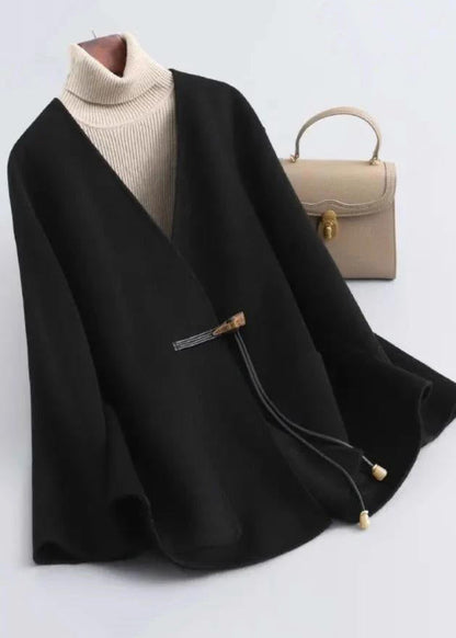 Black V Neck Pockets Woolen Coat Winter Rs021