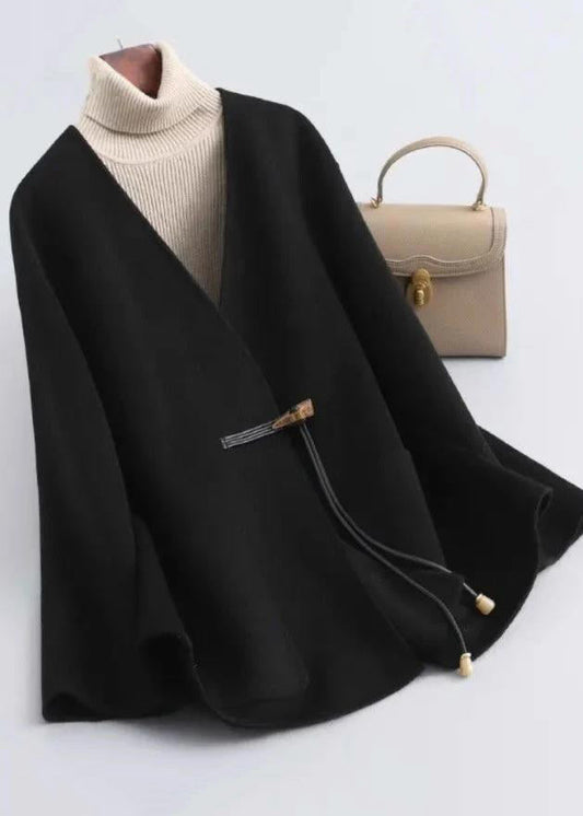 Black V Neck Pockets Woolen Coat Winter Rs021