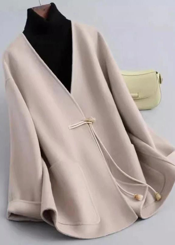 Black V Neck Pockets Woolen Coat Winter Rs021
