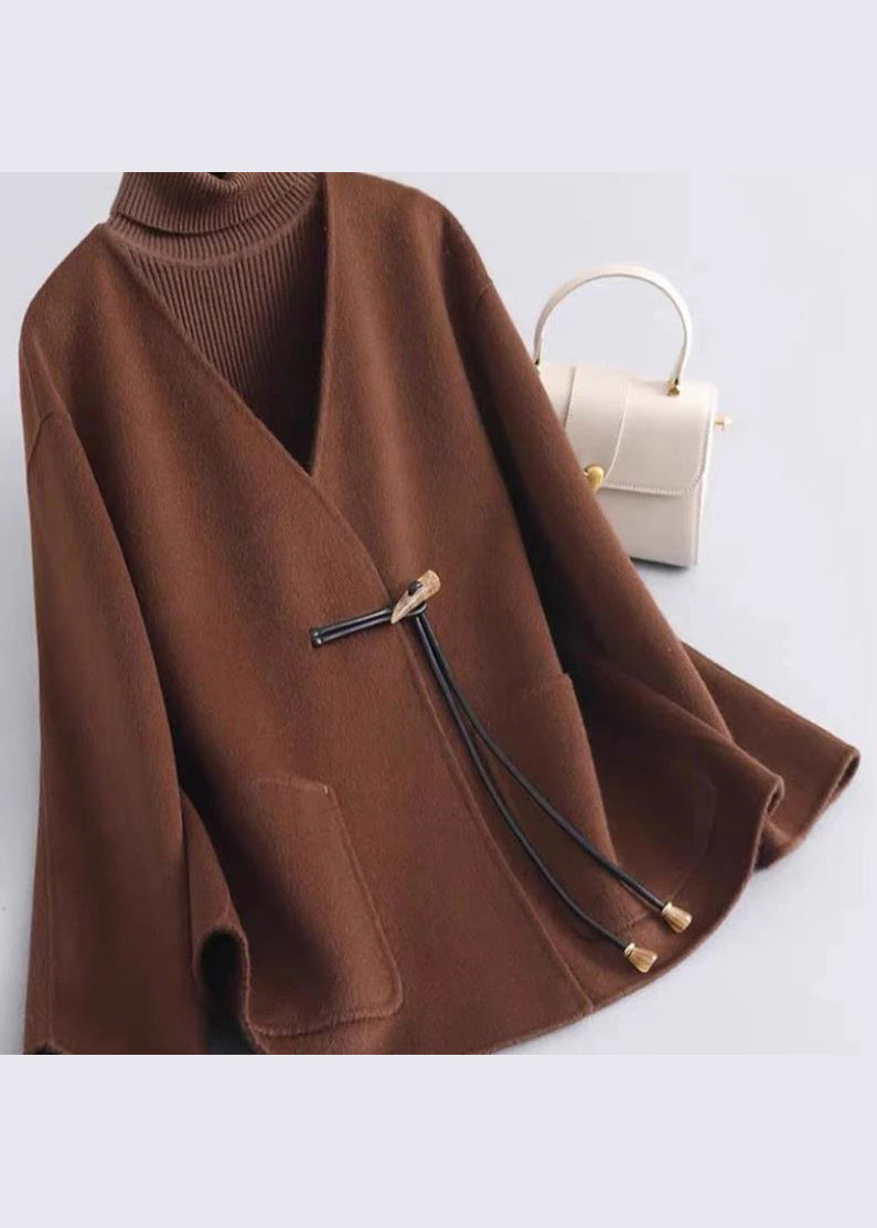 Black V Neck Pockets Woolen Coat Winter Rs021